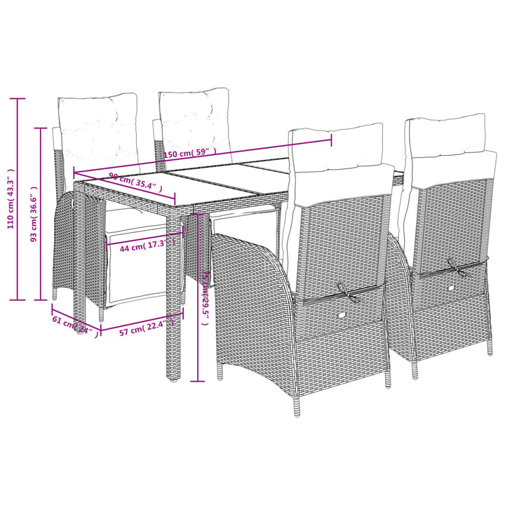 5-delige Tuinset met kussens poly rattan zwart