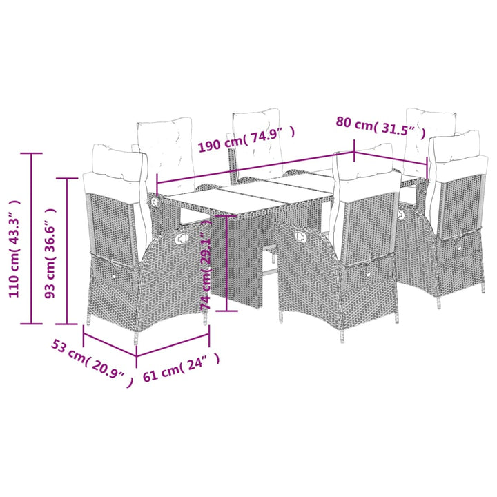 7-delige Tuinset met kussens poly rattan zwart