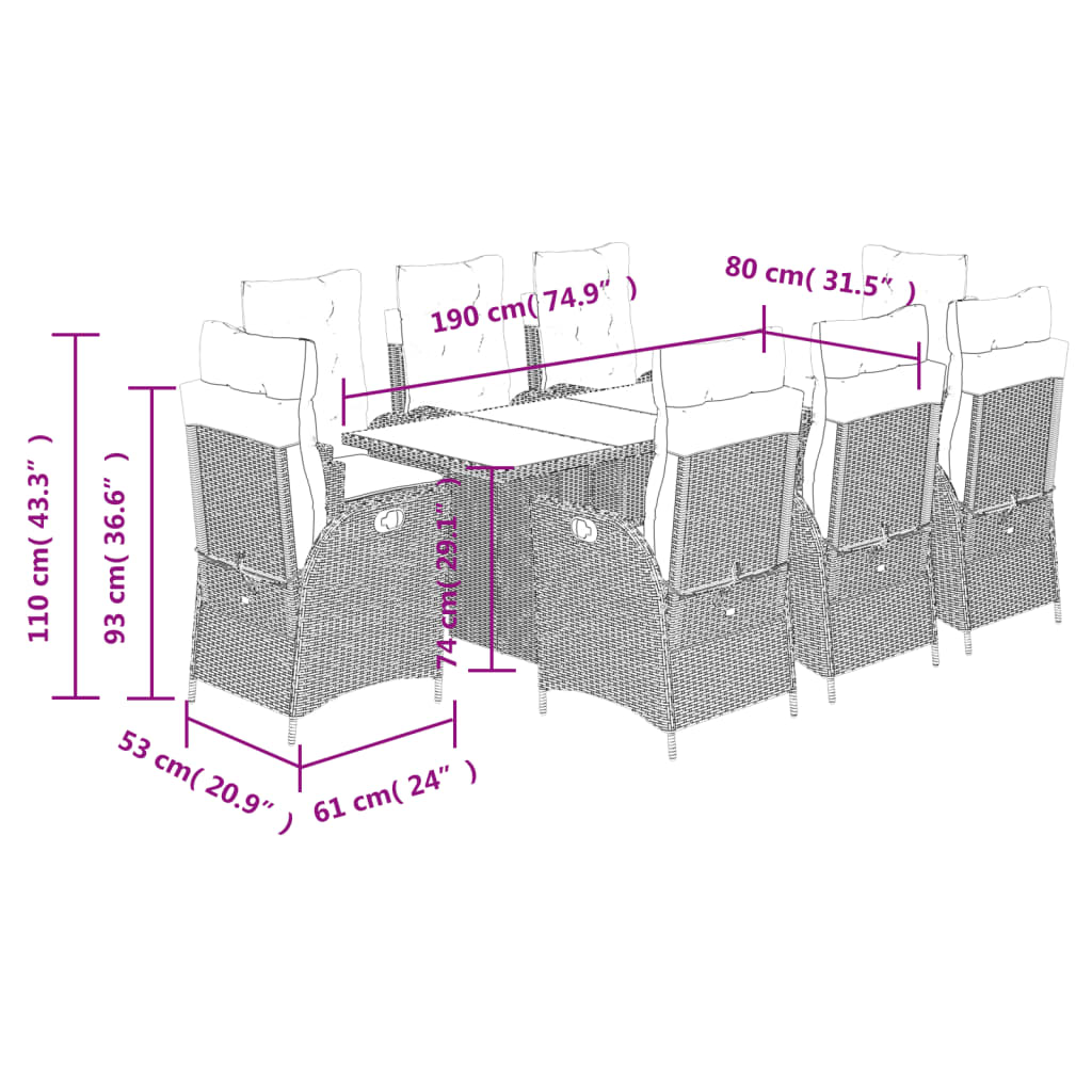 9-delige Tuinset met kussens poly rattan bruin