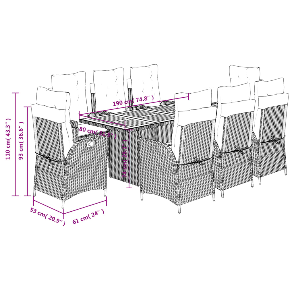 9-delige Tuinset met kussens poly rattan grijs