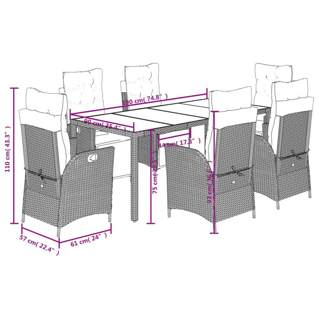 7-delige Tuinset met kussens poly rattan zwart