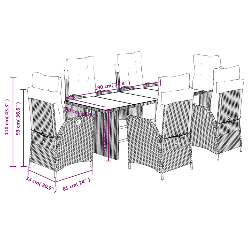 7-delige Tuinset met kussens poly rattan zwart