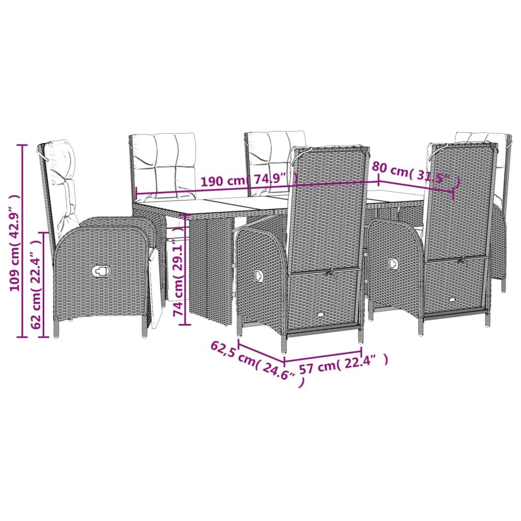 7-delige Tuinset met kussens poly rattan grijs