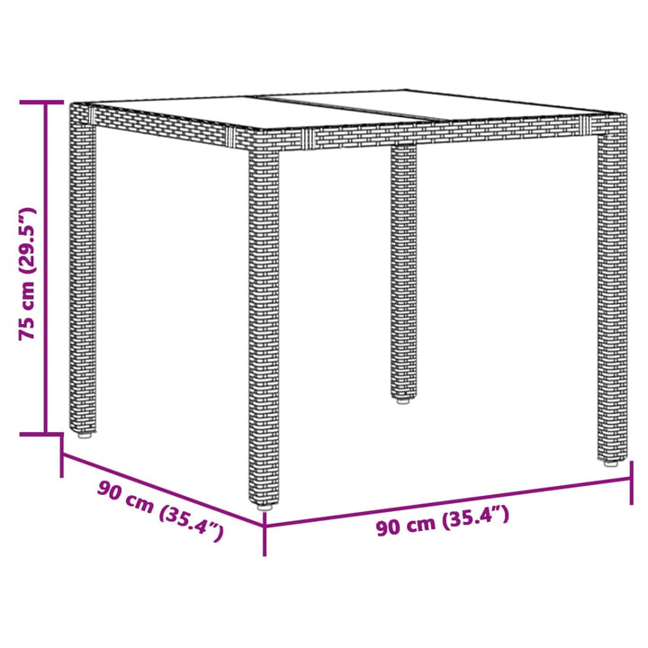 Tuintafel met glazen blad 90x90x75 cm poly rattan bruin