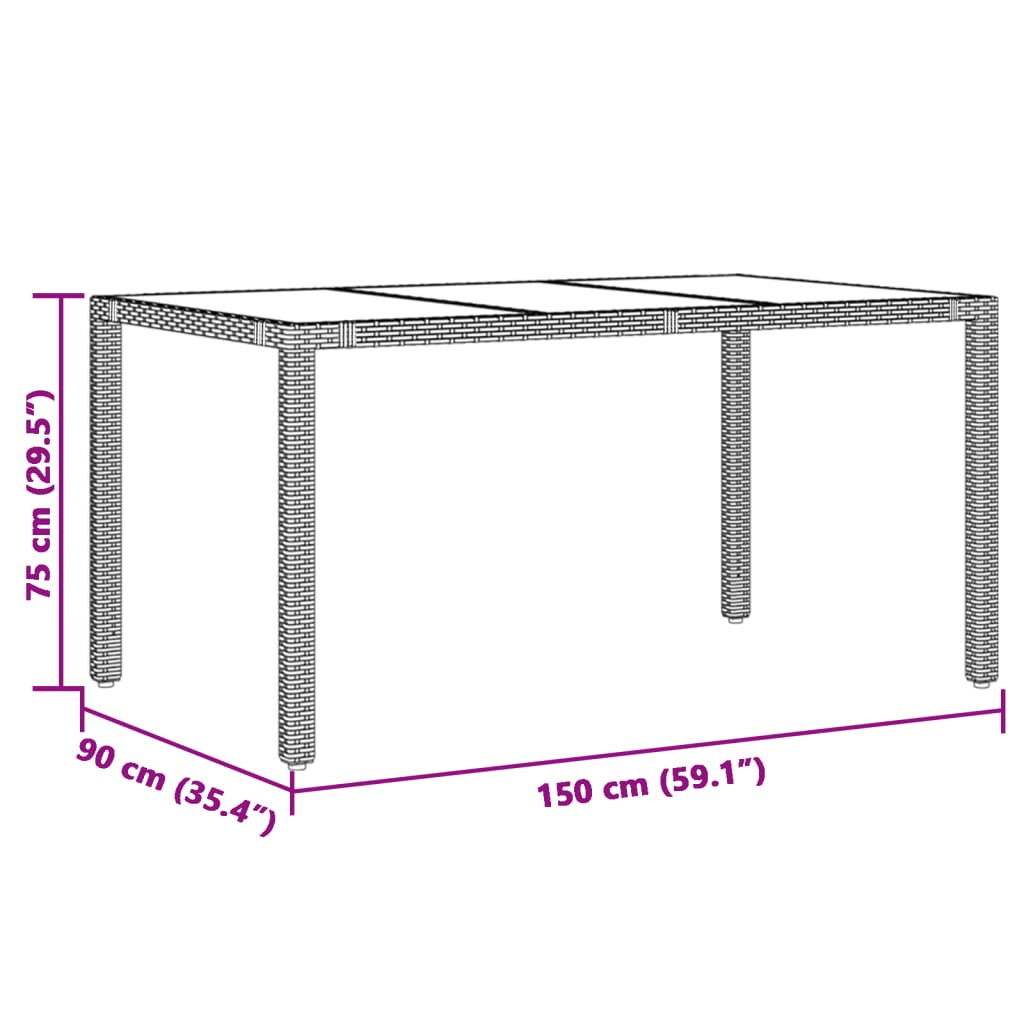 Tuintafel met glazen blad 150x90x75 cm poly rattan zwart