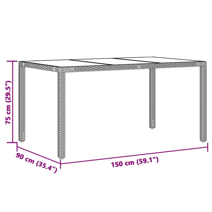 Tuintafel met glazen blad 150x90x75 cm poly rattan grijs