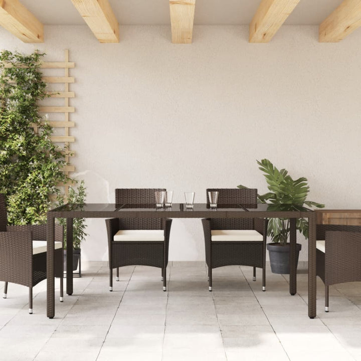 Tuintafel met glazen blad 190x90x75 cm poly rattan bruin