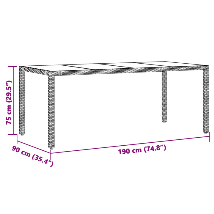 Tuintafel met glazen blad 190x90x75 cm poly rattan bruin