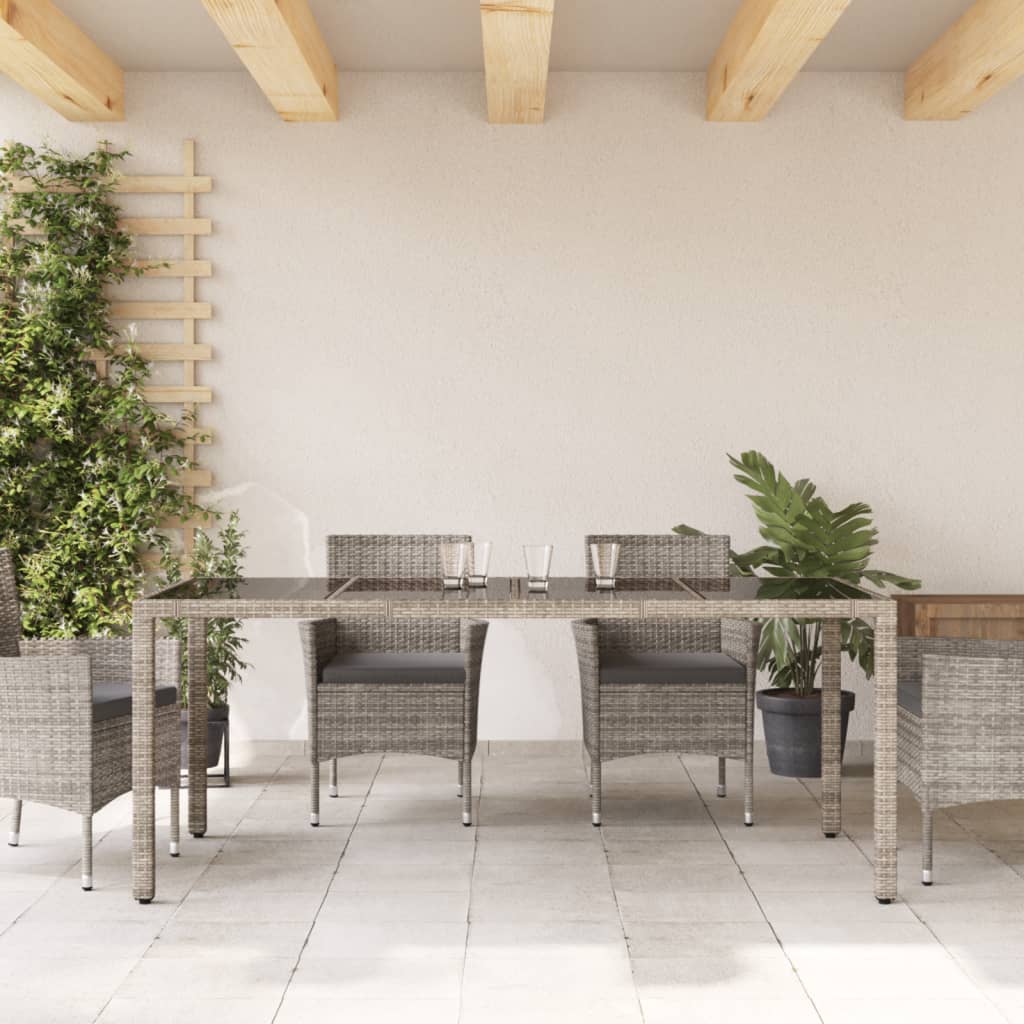 Tuintafel met glazen blad 190x90x75 cm poly rattan grijs