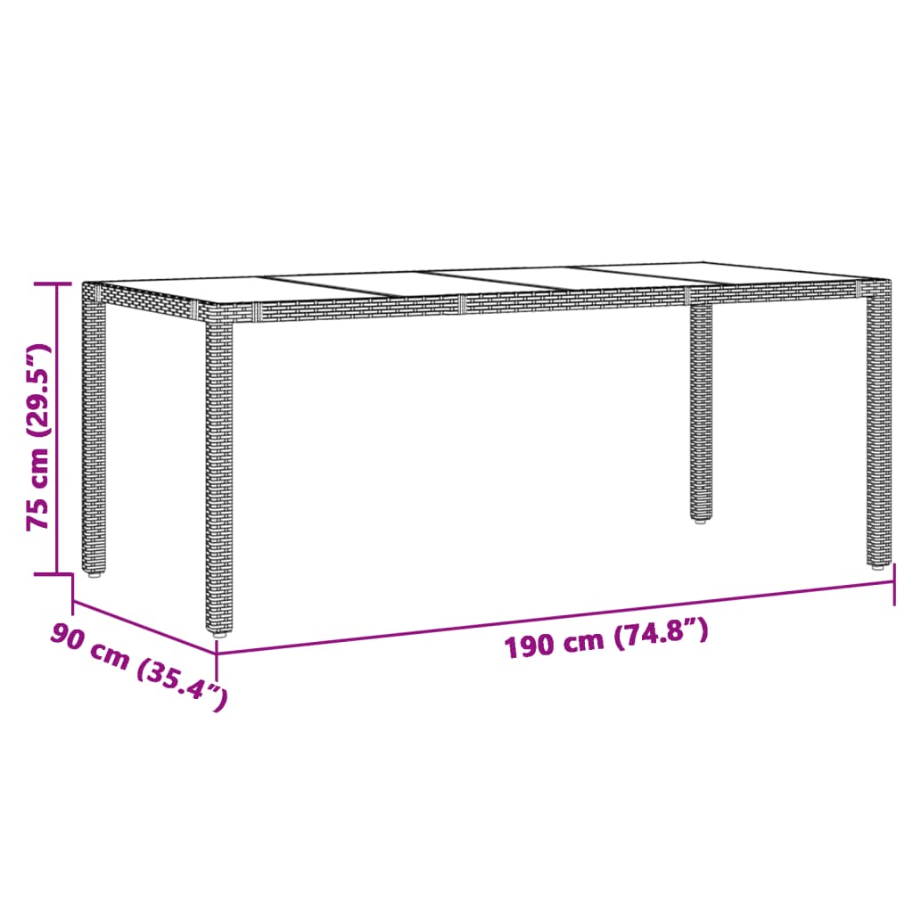 Tuintafel met glazen blad 190x90x75 cm poly rattan grijs