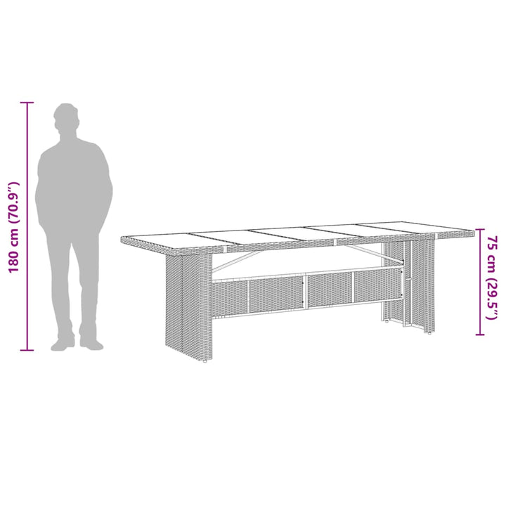 Tuintafel met glazen blad 240x90x75 cm poly rattan bruin