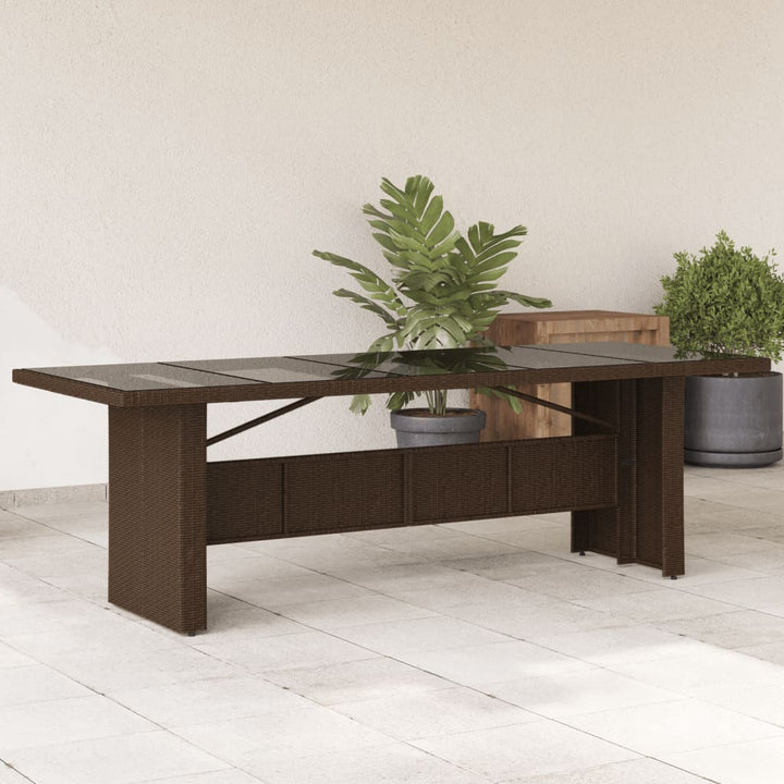 Tuintafel met glazen blad 240x90x75 cm poly rattan bruin