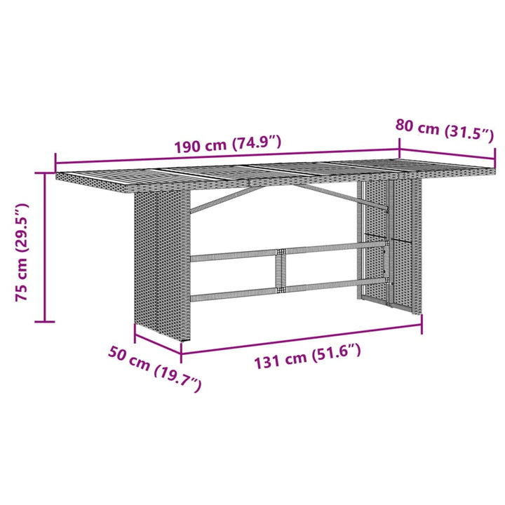 Tuintafel met acaciahouten blad 190x80x75 cm poly rattan grijs