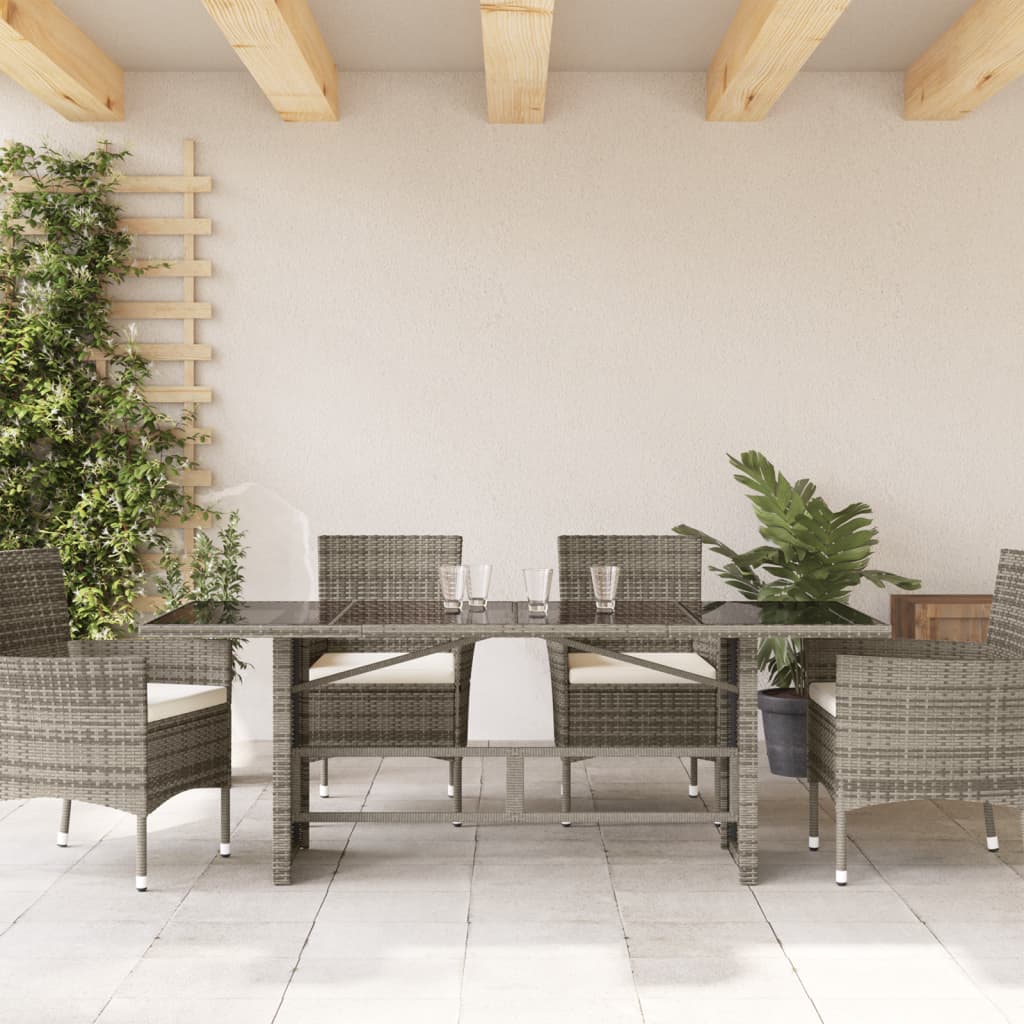 Tuintafel met glazen blad 190x80x75 cm poly rattan grijs