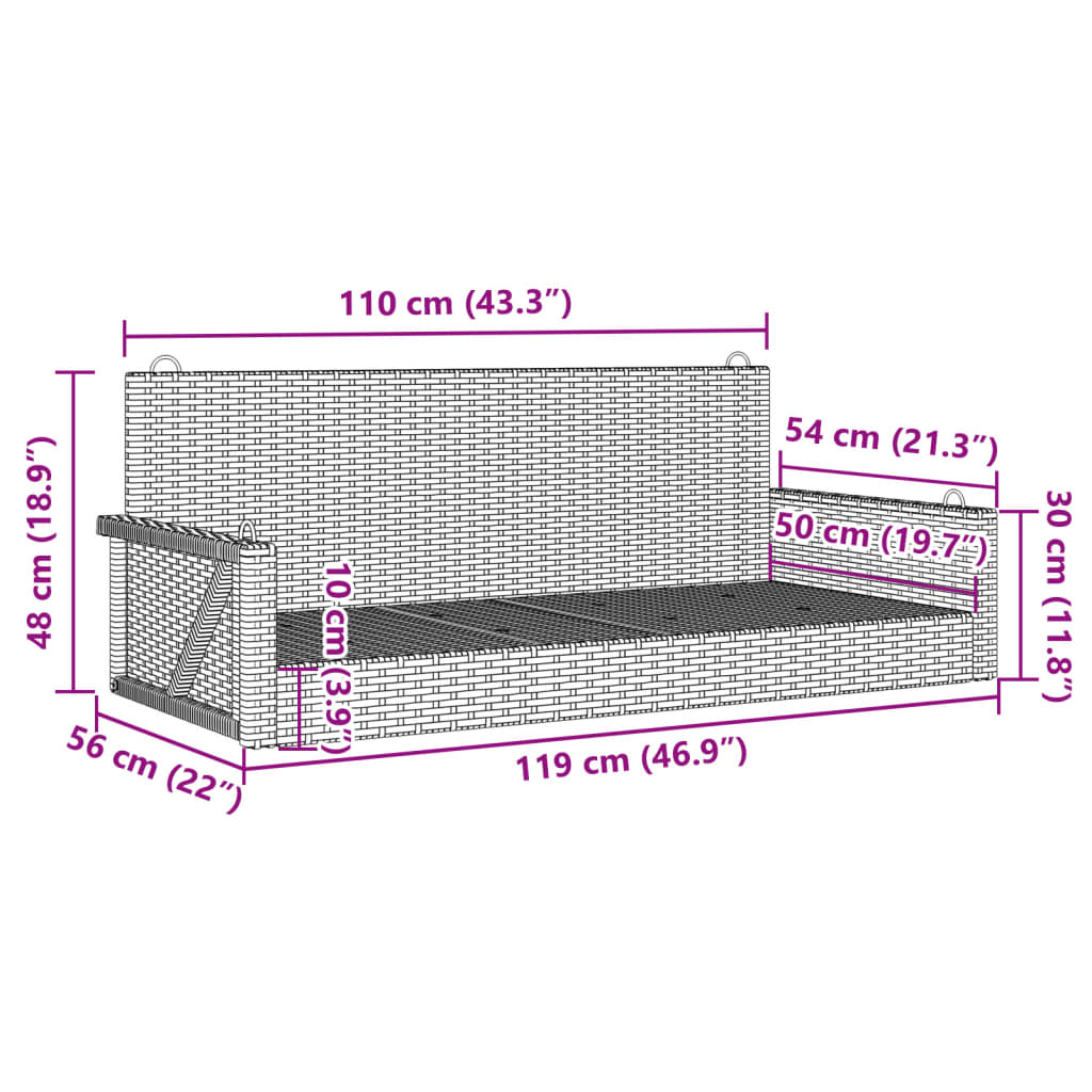 Schommelbank 119x56x48 cm poly rattan zwart