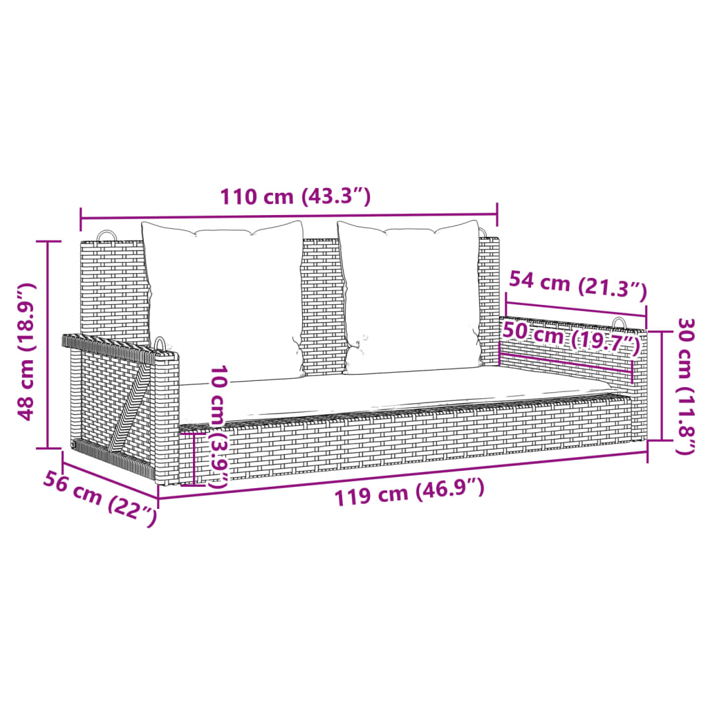 Schommelbank met kussens 119x56x48 cm poly rotan bruin