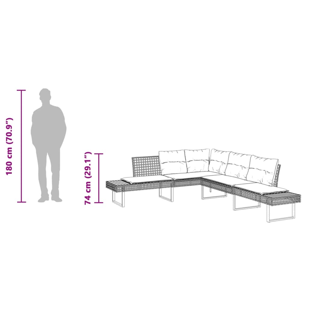 Tuinbank met kussens L-vormig poly rattan en acaciahout grijs