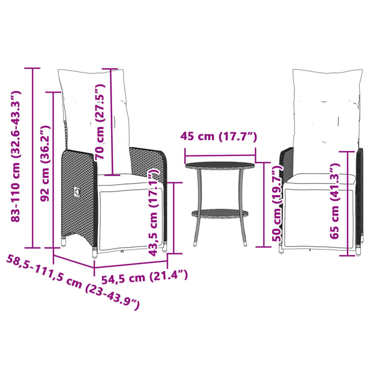 Tuinstoelen 2 st verstelbaar met tafel poly rattan zwart