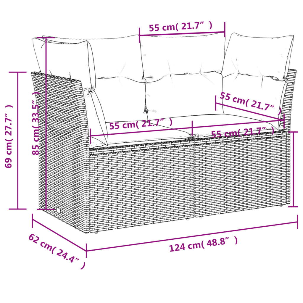 Tuinbank 2-zits met kussens poly rattan zwart