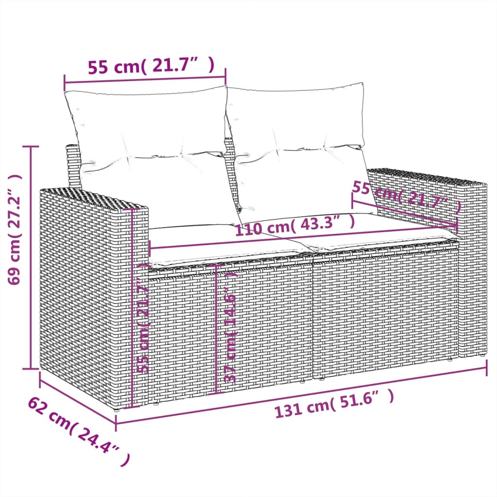 Tuinbank 2-zits met kussens poly rattan zwart