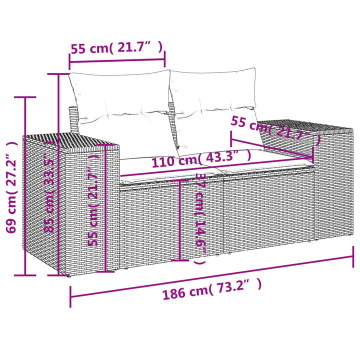 Tuinbank 2-zits met kussens poly rattan zwart