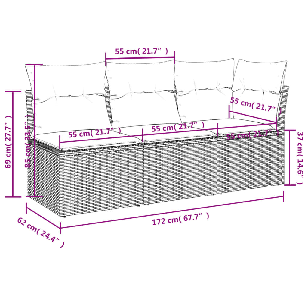 Tuinbank 3-zits met kussens poly rattan zwart