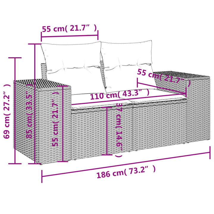 Tuinbank 2-zits met kussens poly rattan zwart