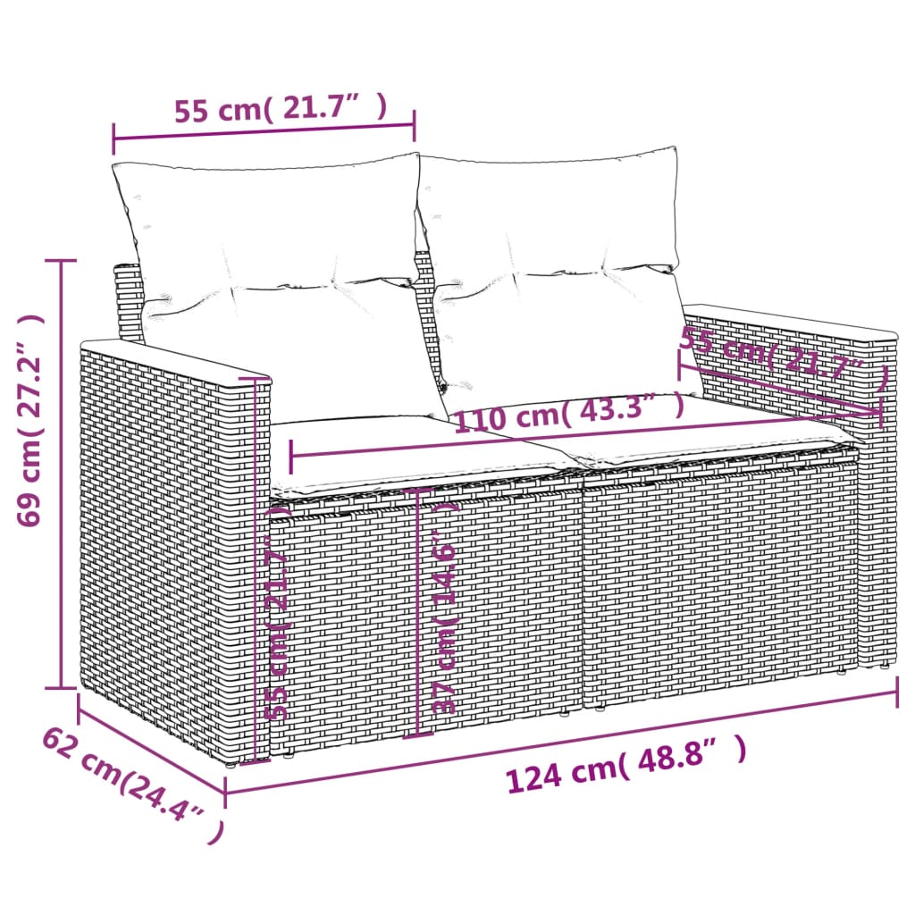 Tuinbank 2-zits met kussens poly rattan zwart