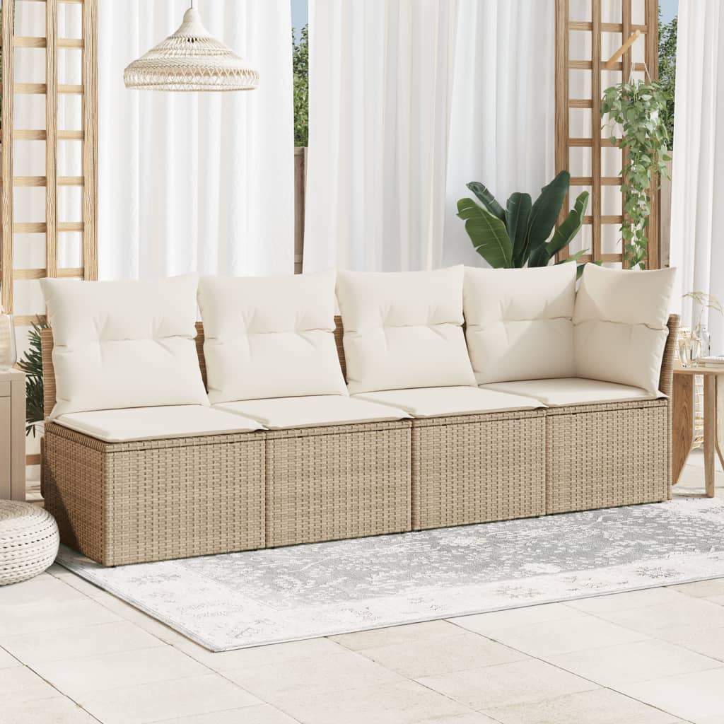 Tuinbank 4-zits met kussens poly rattan beige