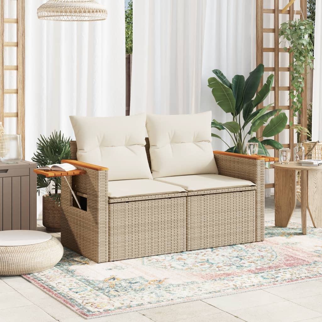 Tuinbank 2-zits met kussens poly rattan beige