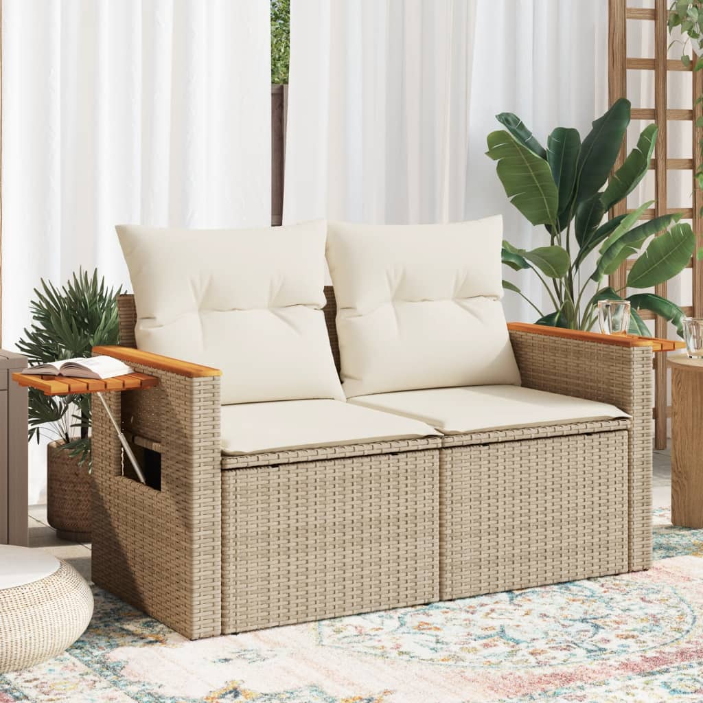 Tuinbank 2-zits met kussens poly rattan beige