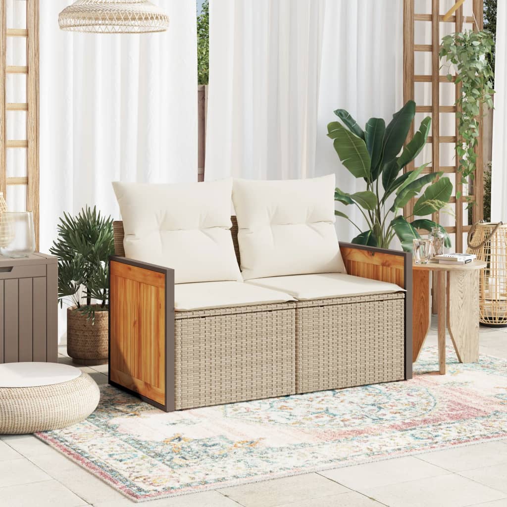 Tuinbank 2-zits met kussens poly rattan beige