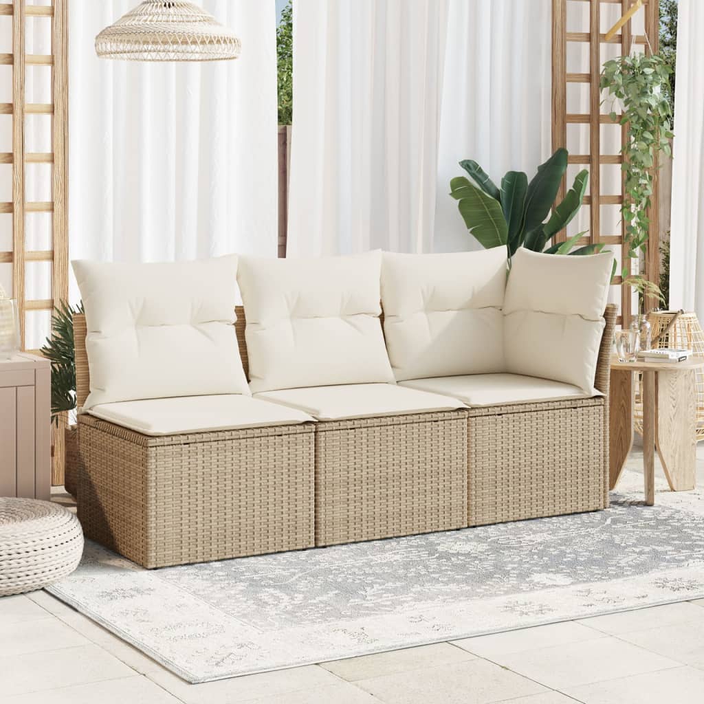 Tuinbank 3-zits met kussens poly rattan beige