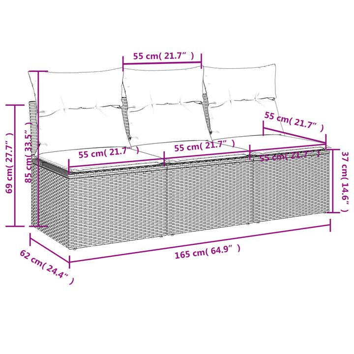 Tuinbank 3-zits met kussens poly rattan beige