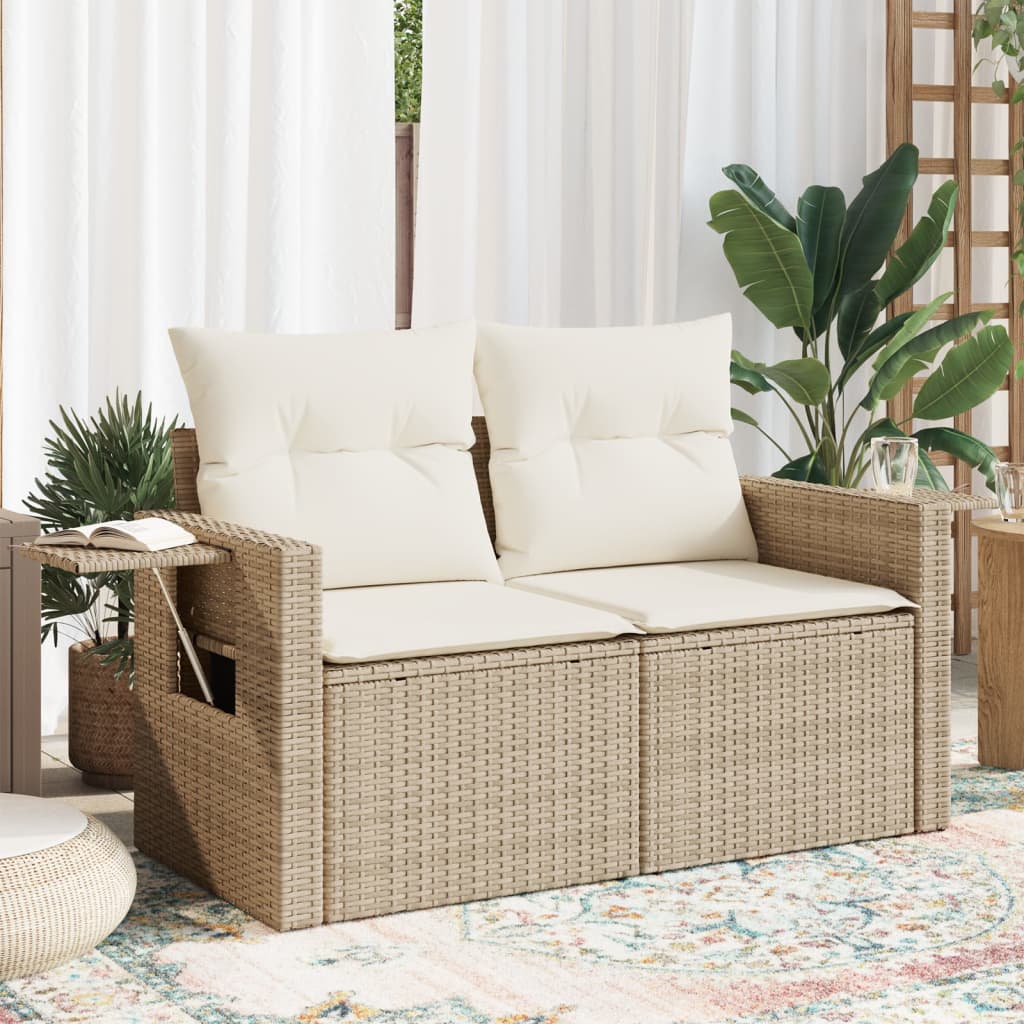 Tuinbank 2-zits met kussens poly rattan beige