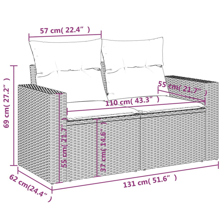 Tuinbank 2-zits met kussens poly rattan beige