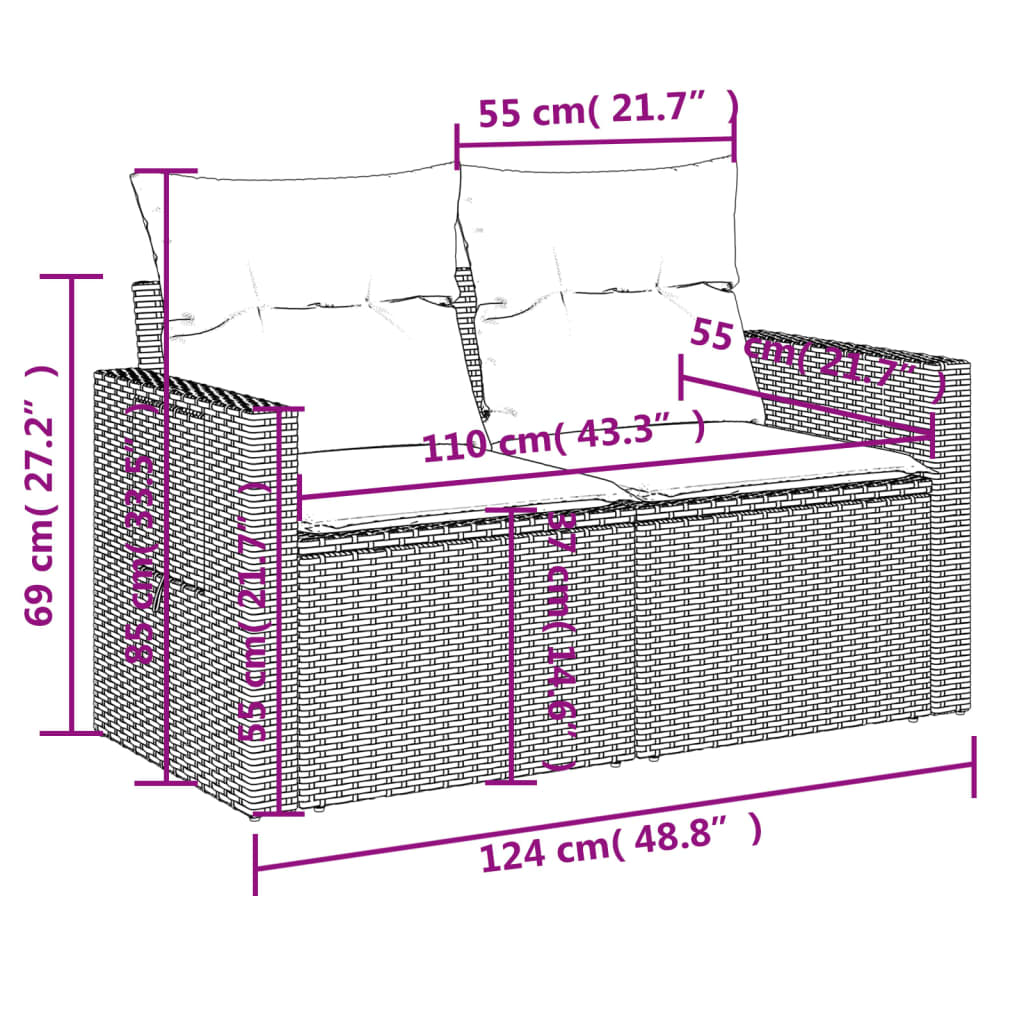 Tuinbank 2-zits met kussens poly rattan beige