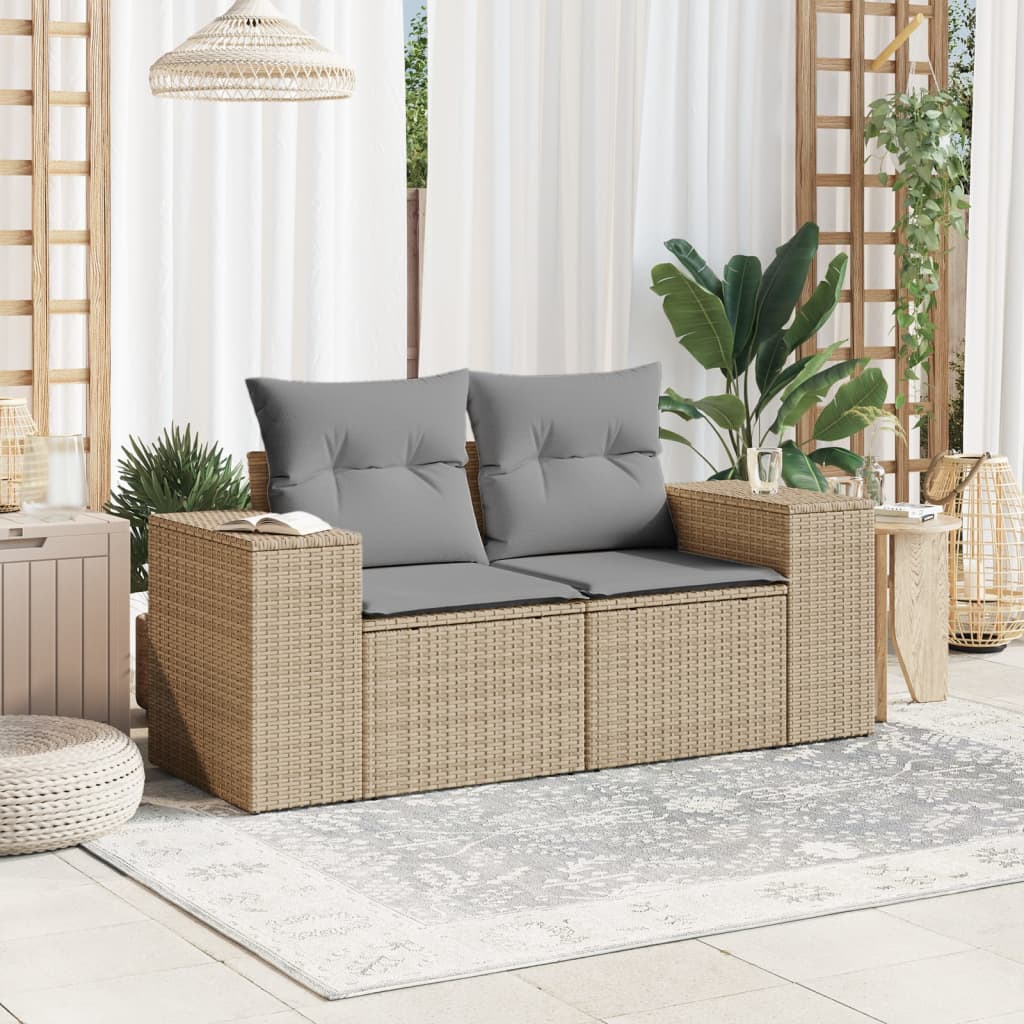 Tuinbank 2-zits met kussens poly rattan beige