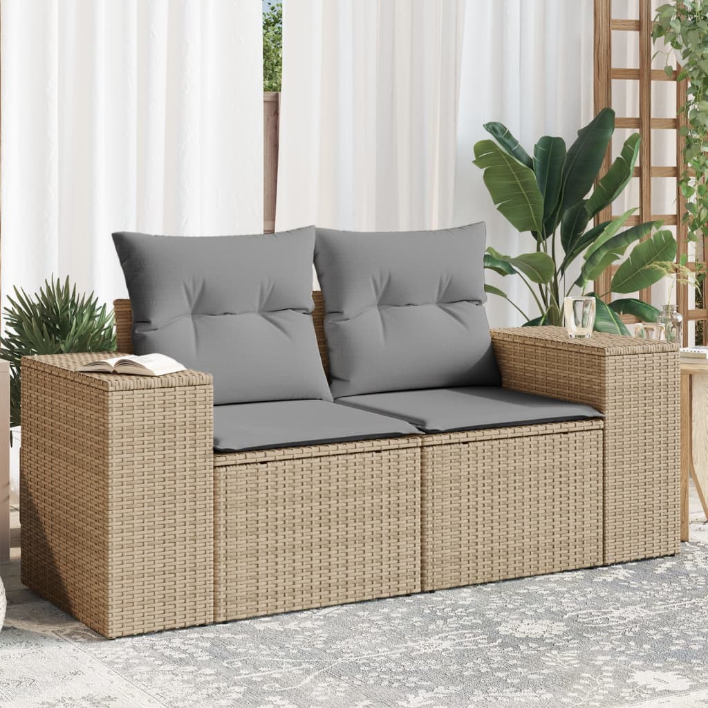 Tuinbank 2-zits met kussens poly rattan beige