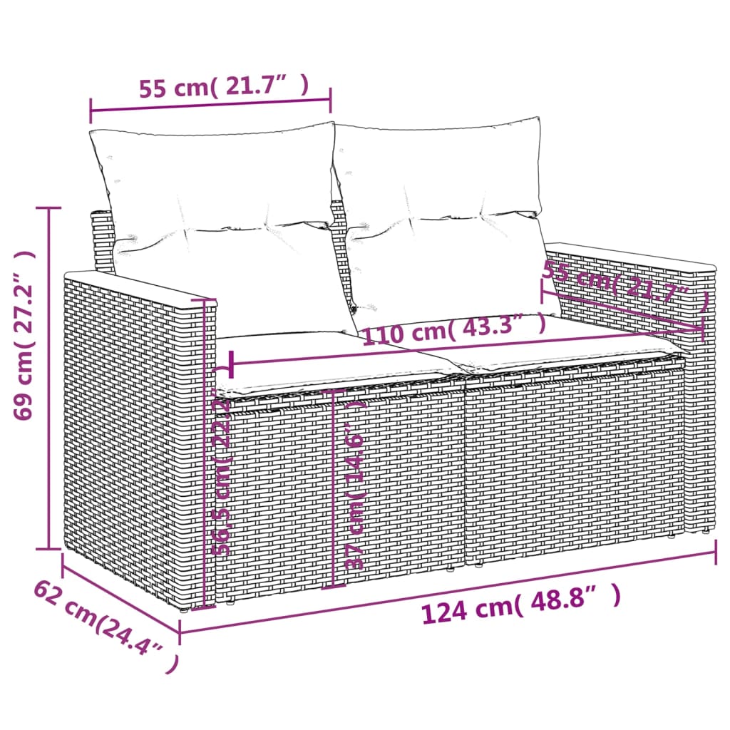 Tuinbank 2-zits met kussens poly rattan beige