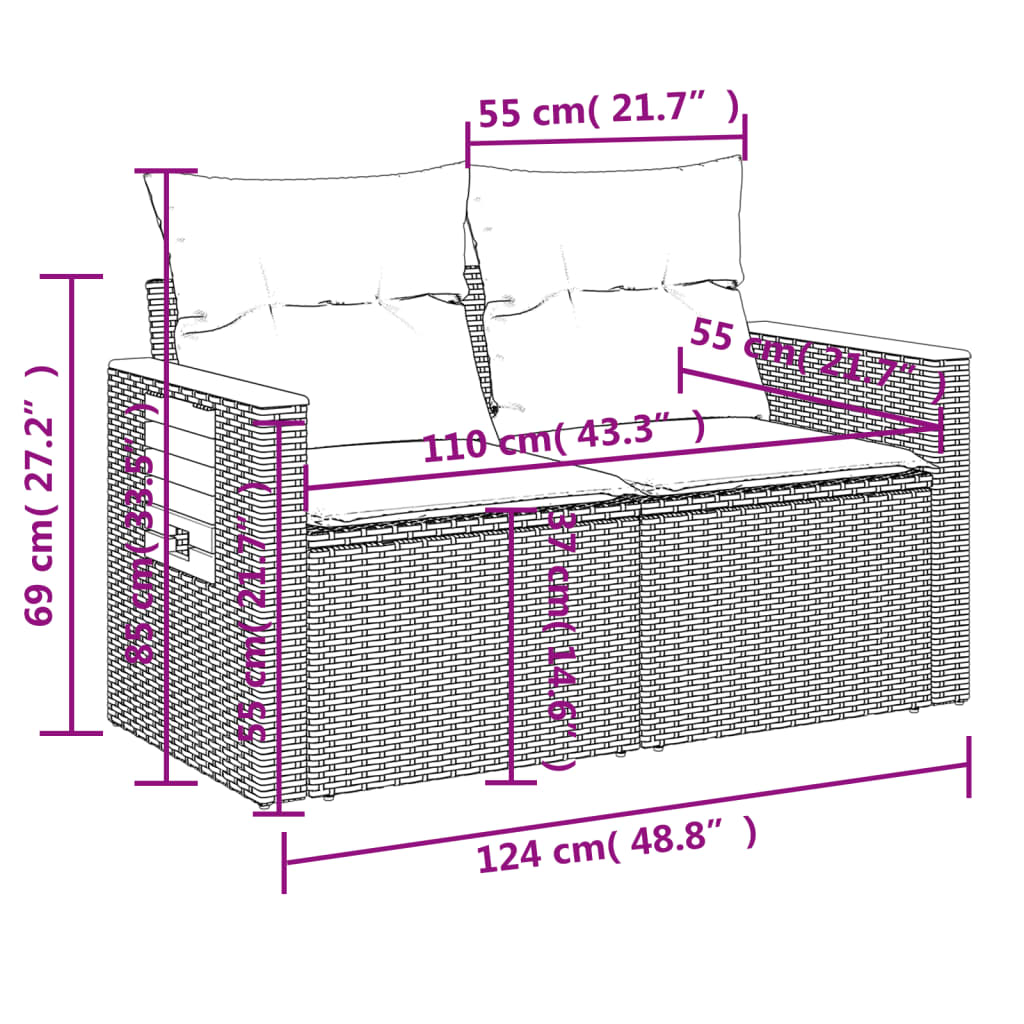 Tuinbank 2-zits met kussens poly rattan beige