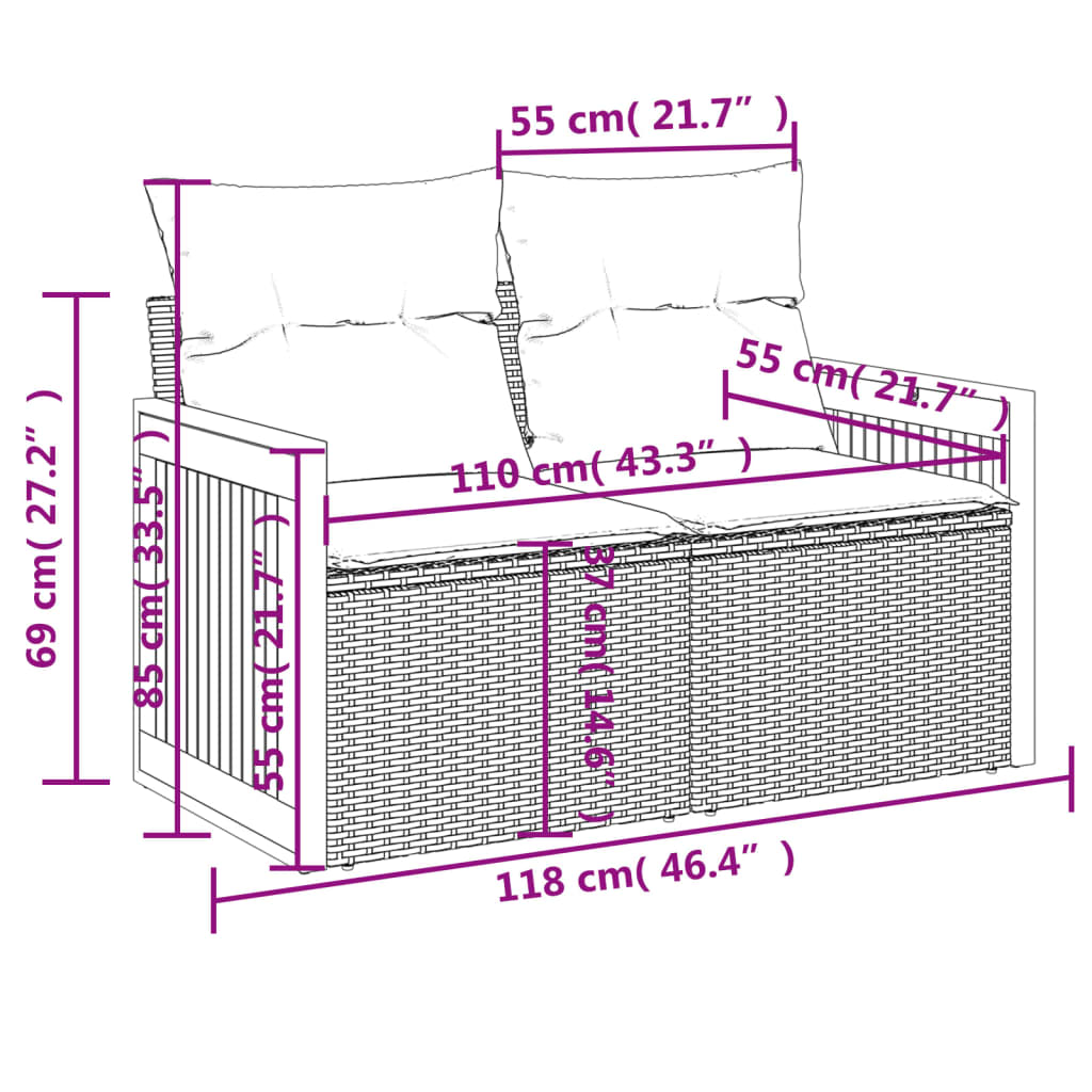 Tuinbank 2-zits met kussens poly rattan beige