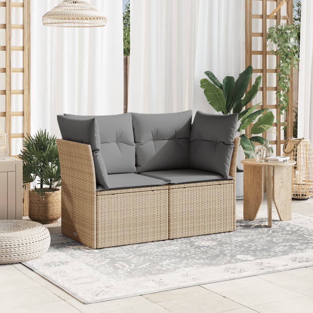 Tuinbank 2-zits met kussens poly rattan beige