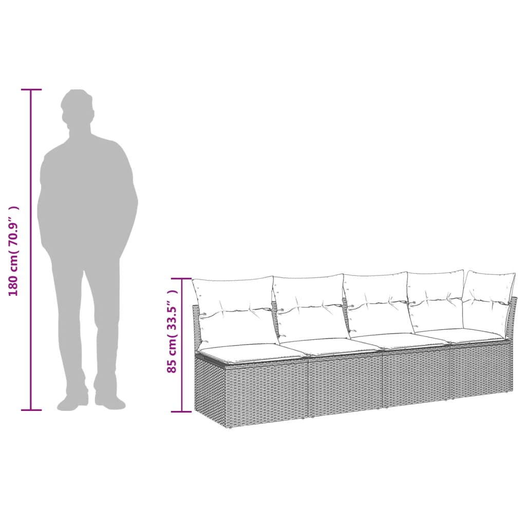 Tuinbank 4-zits met kussens poly rattan grijs