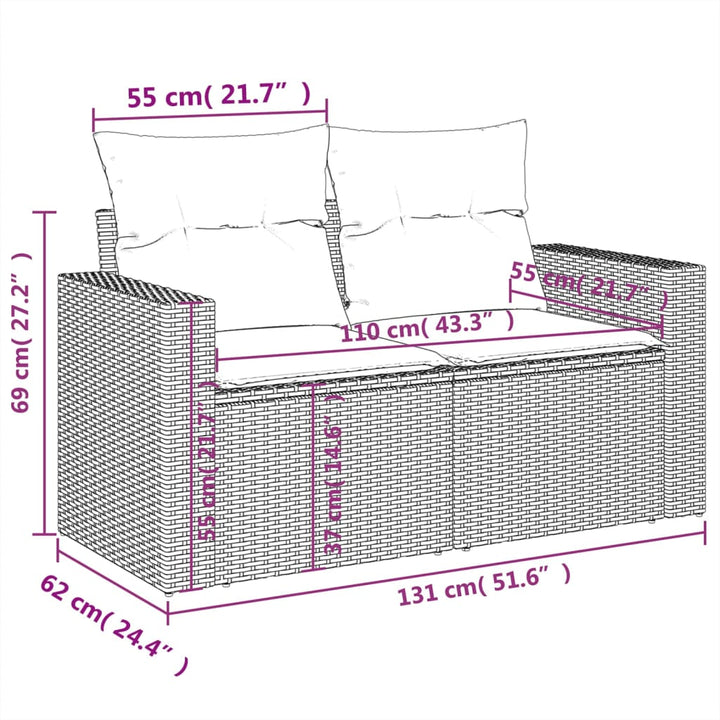 Tuinbank 2-zits met kussens poly rattan grijs