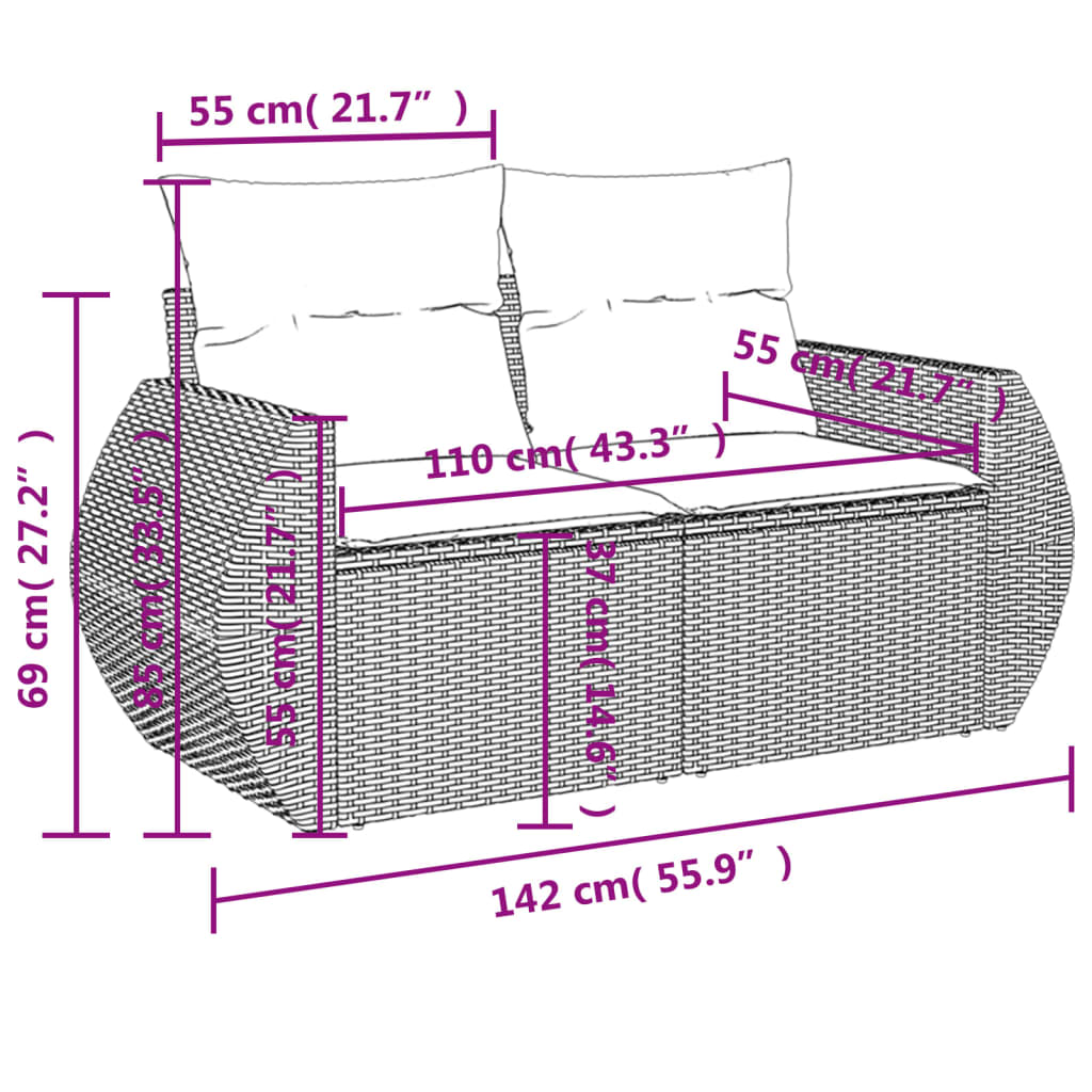 Tuinbank 2-zits met kussens poly rattan grijs