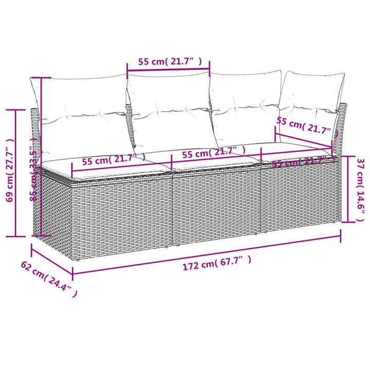 Tuinbank 3-zits met kussens poly rattan grijs