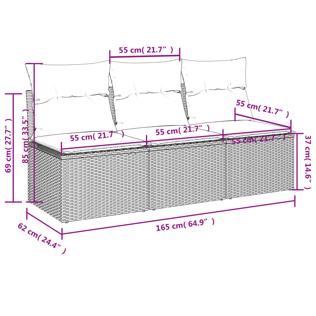 Tuinbank 3-zits met kussens poly rattan grijs