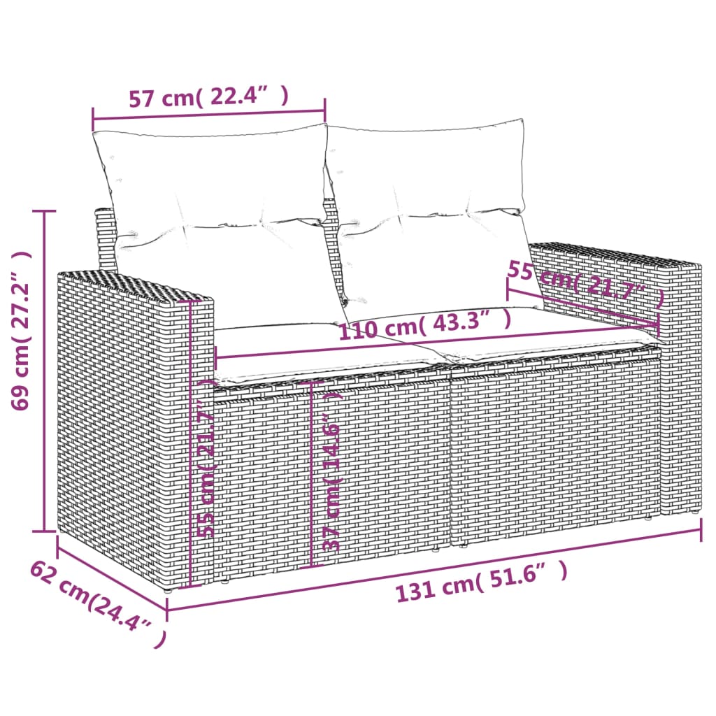 Tuinbank 2-zits met kussens poly rattan lichtgrijs