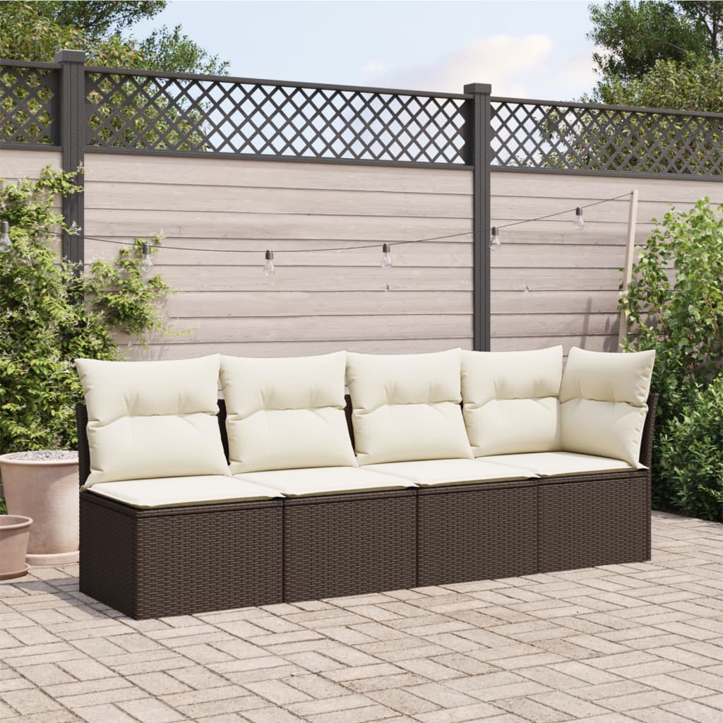 Tuinbank 4-zits met kussens poly rattan bruin